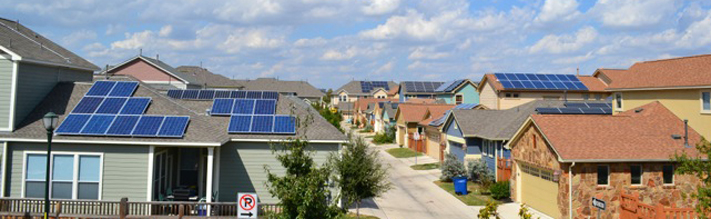 solar panels on Austin homes Solar panels dot the roofs of homes in the Mueller neighborhood of Austin