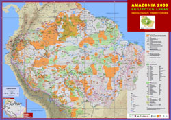 Indigenous Territories (orange) and Protected National Areas (green) in the Amazon Basin.