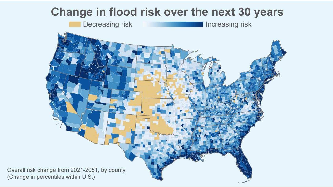 U.S. map on change in flood risk from 2021 to 2051, with increasing risks in many coastal and inland regions