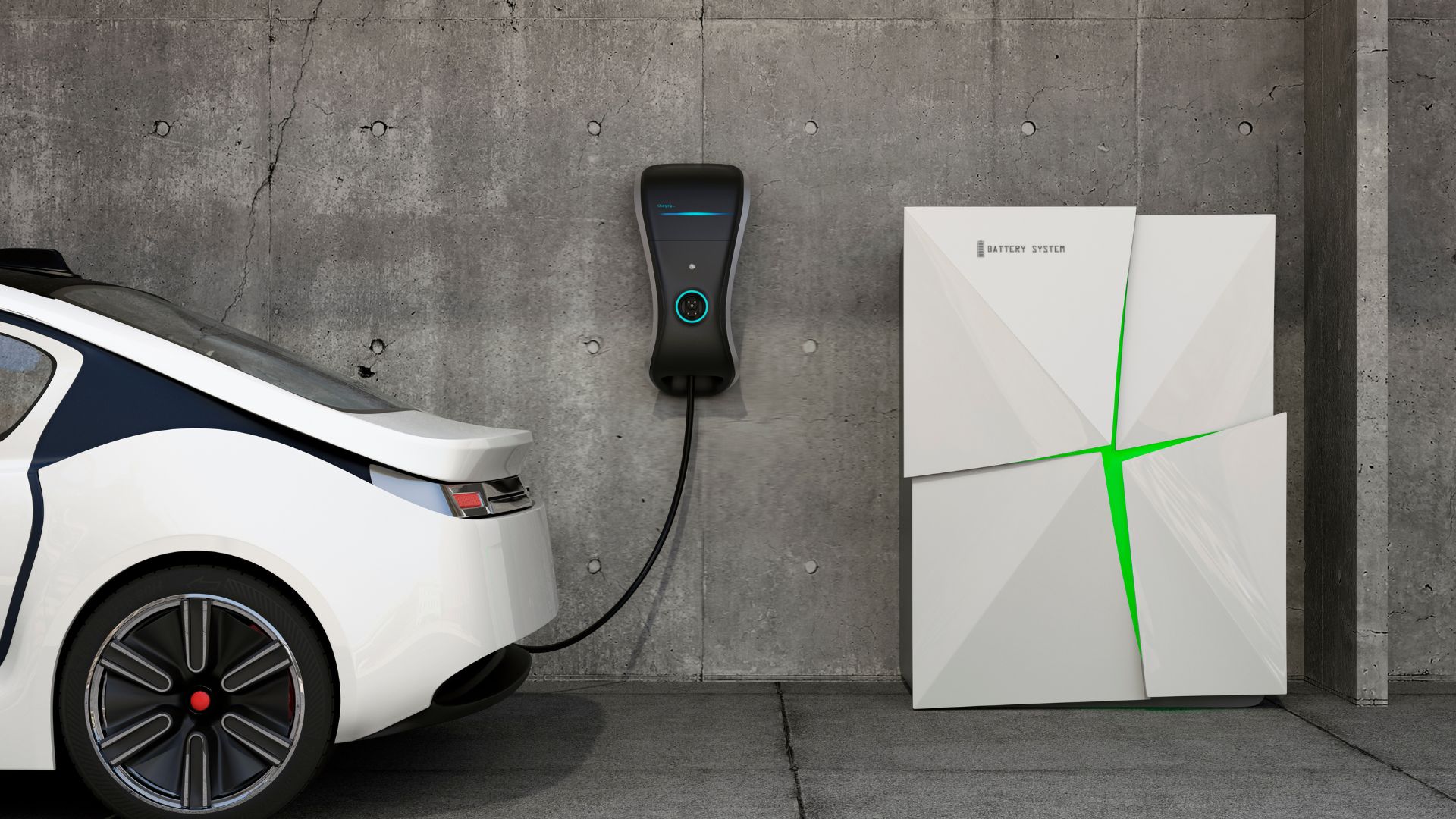 An electric car charging at a charging station