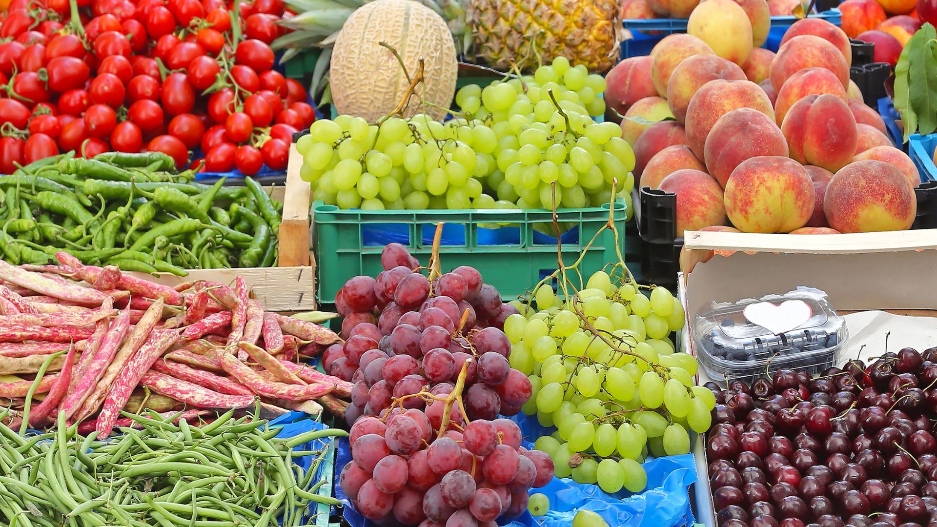 Fruits and vegetables on display in a grocery