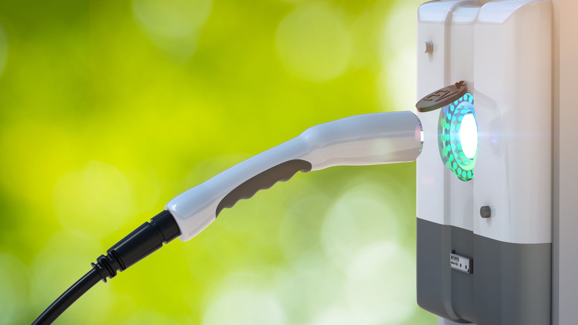 An EV charging cable about to plug into a port but it's kind of hanging in mid air like there are magnets or some invisible wizard holding it up