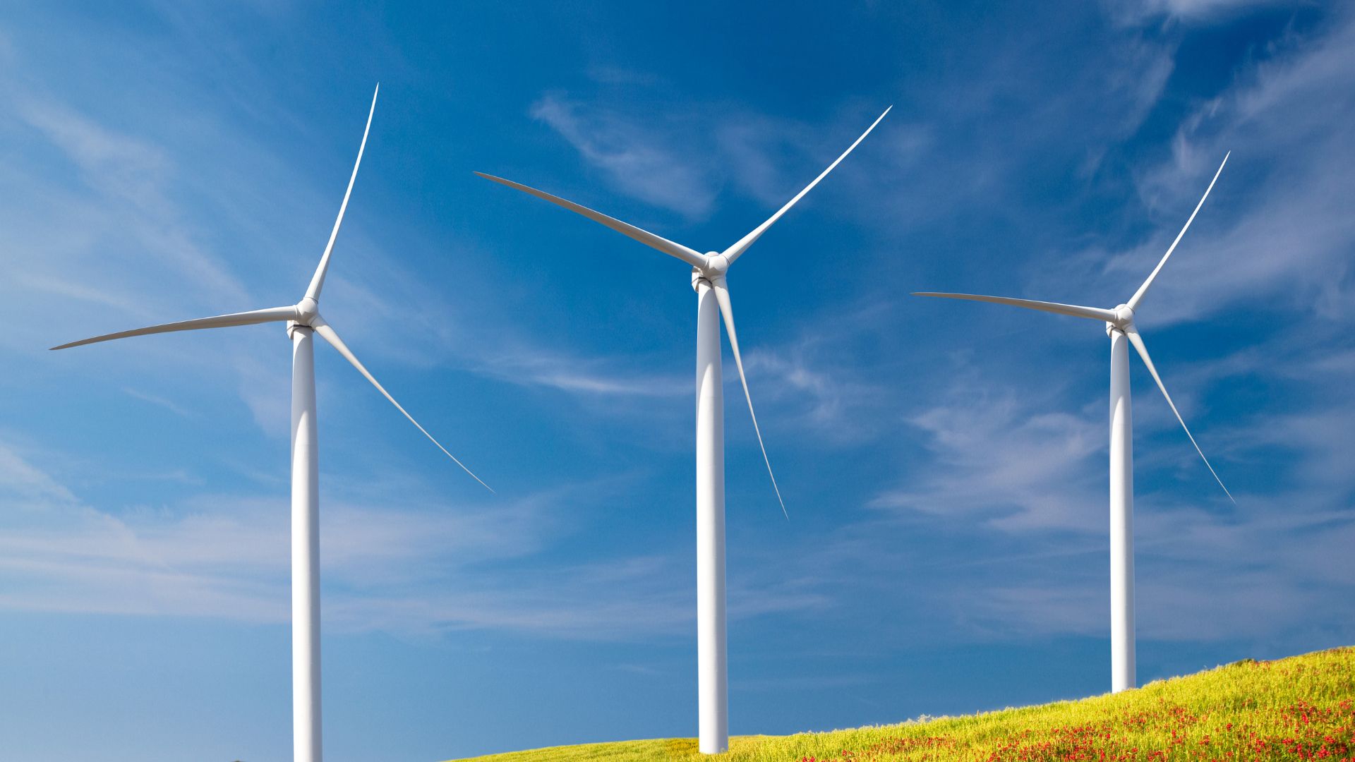 Three windmills on a ridge with a clear blue sky behind them