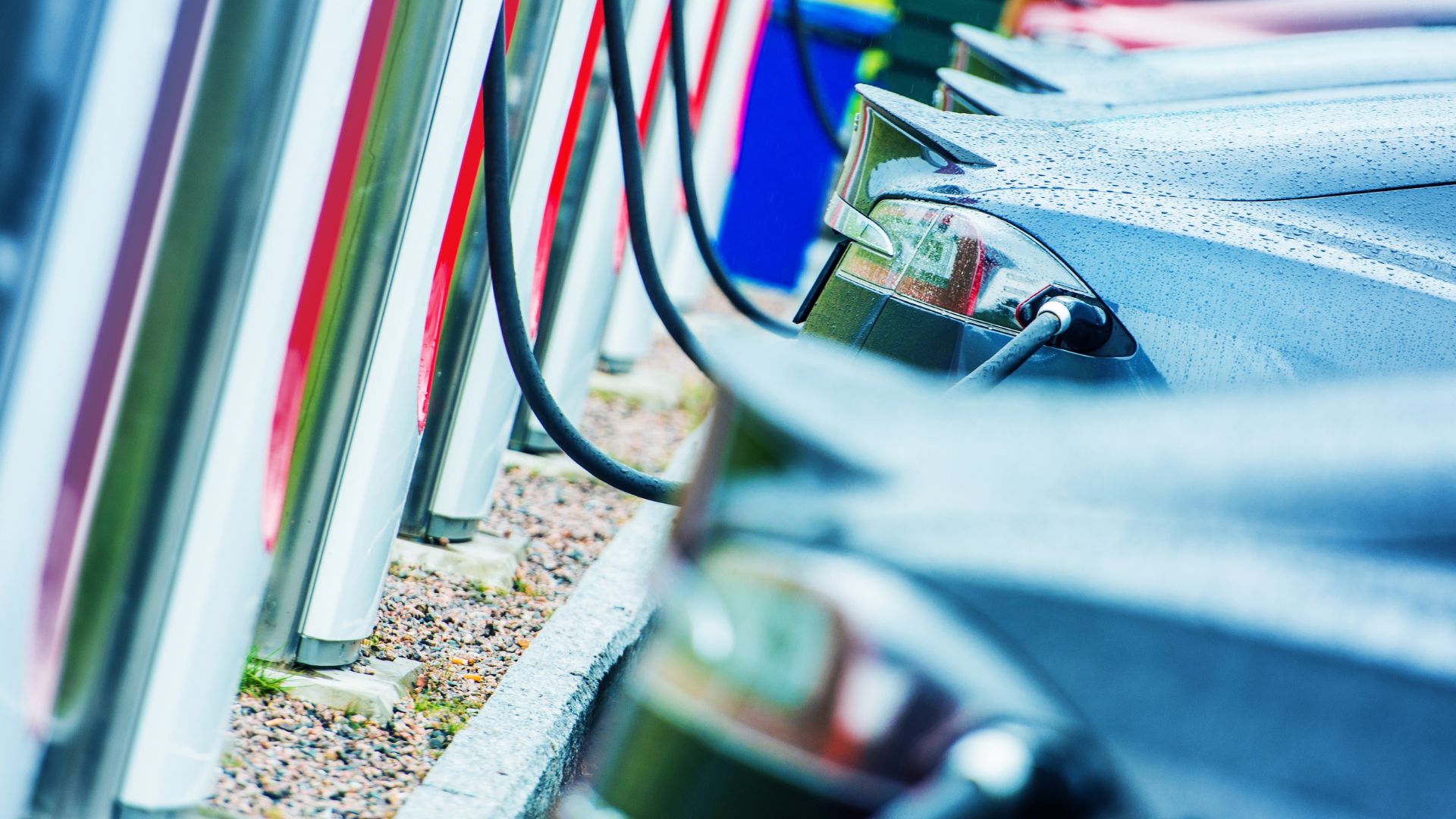 A row of electric cars that have backed that thang up, i.e. the junk in their trunk, to charging stations