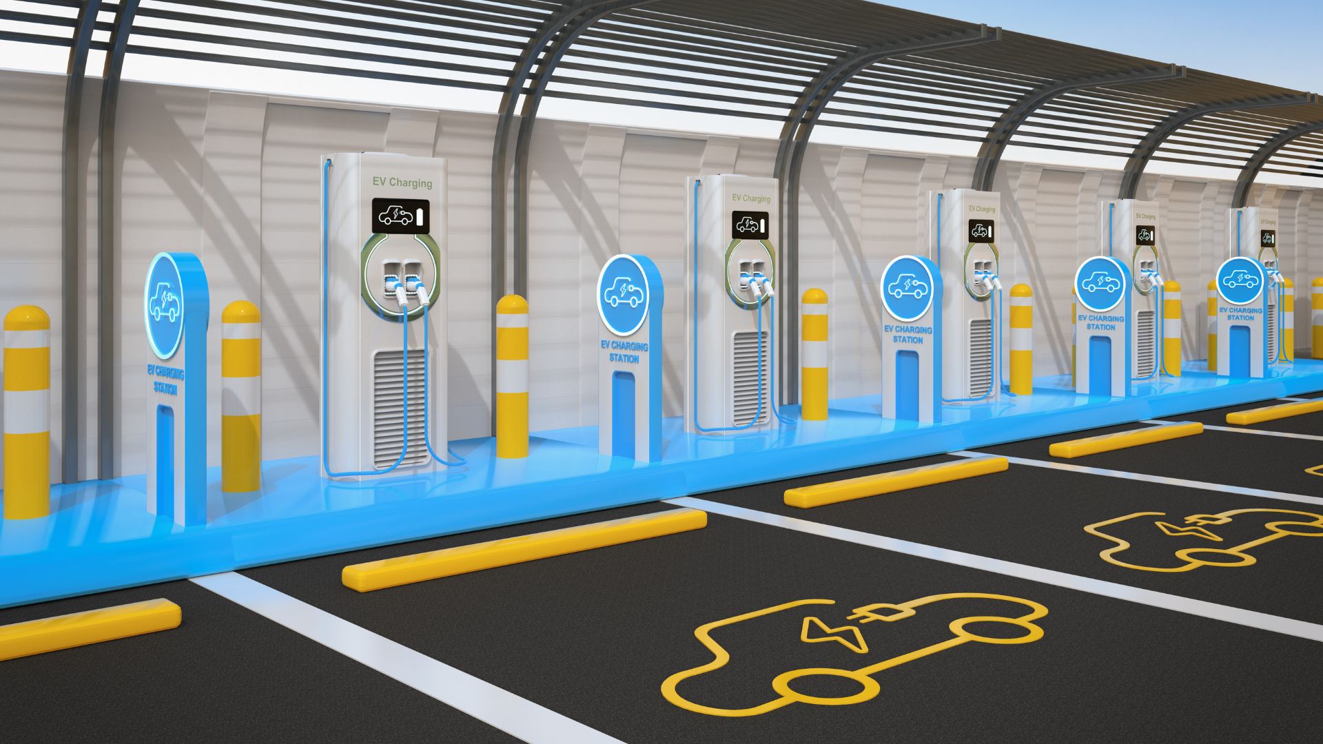 A long row of charging stations for electric vehicles