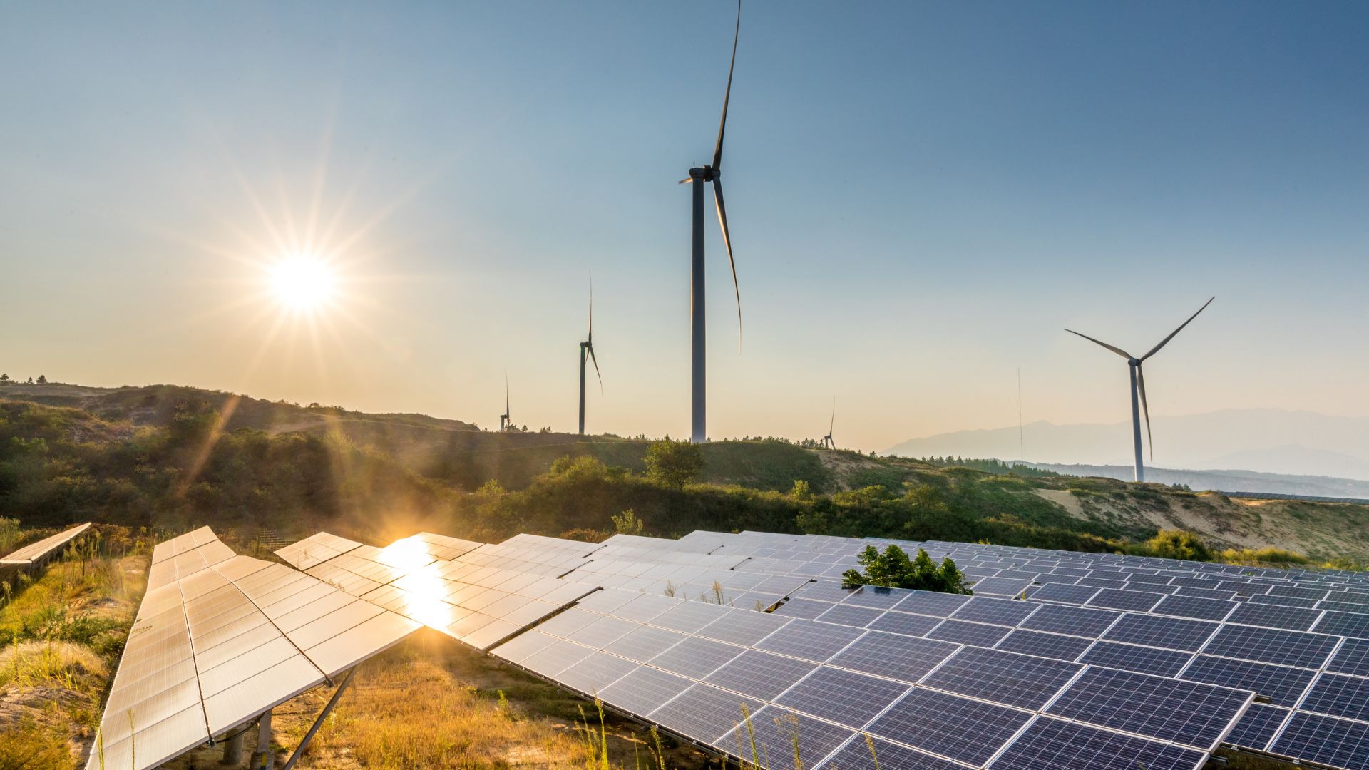 Sun beating down on solar panels with wind turbines in the background