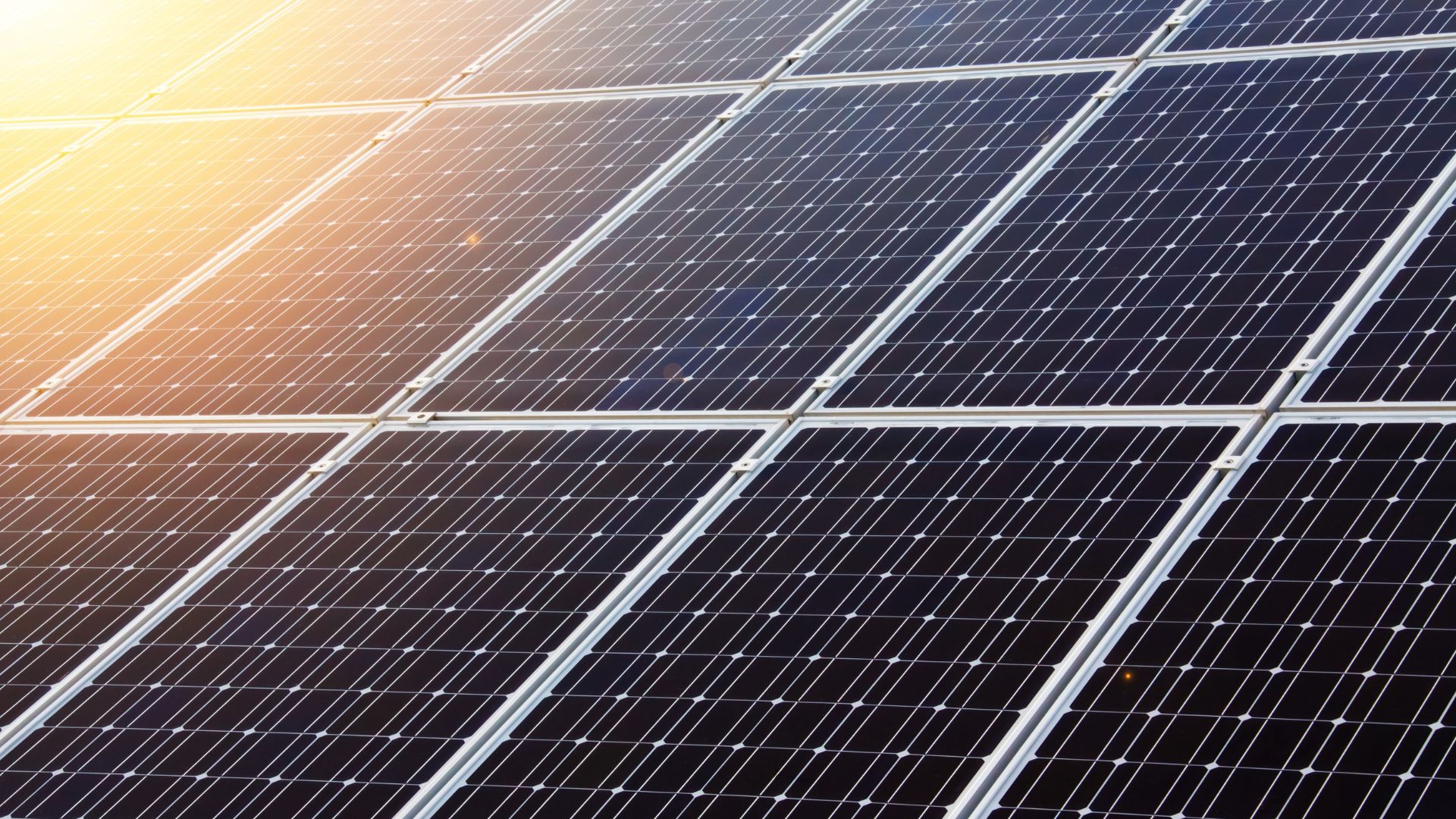 Close view of solar panels with sunlight flaring in the upper left corner