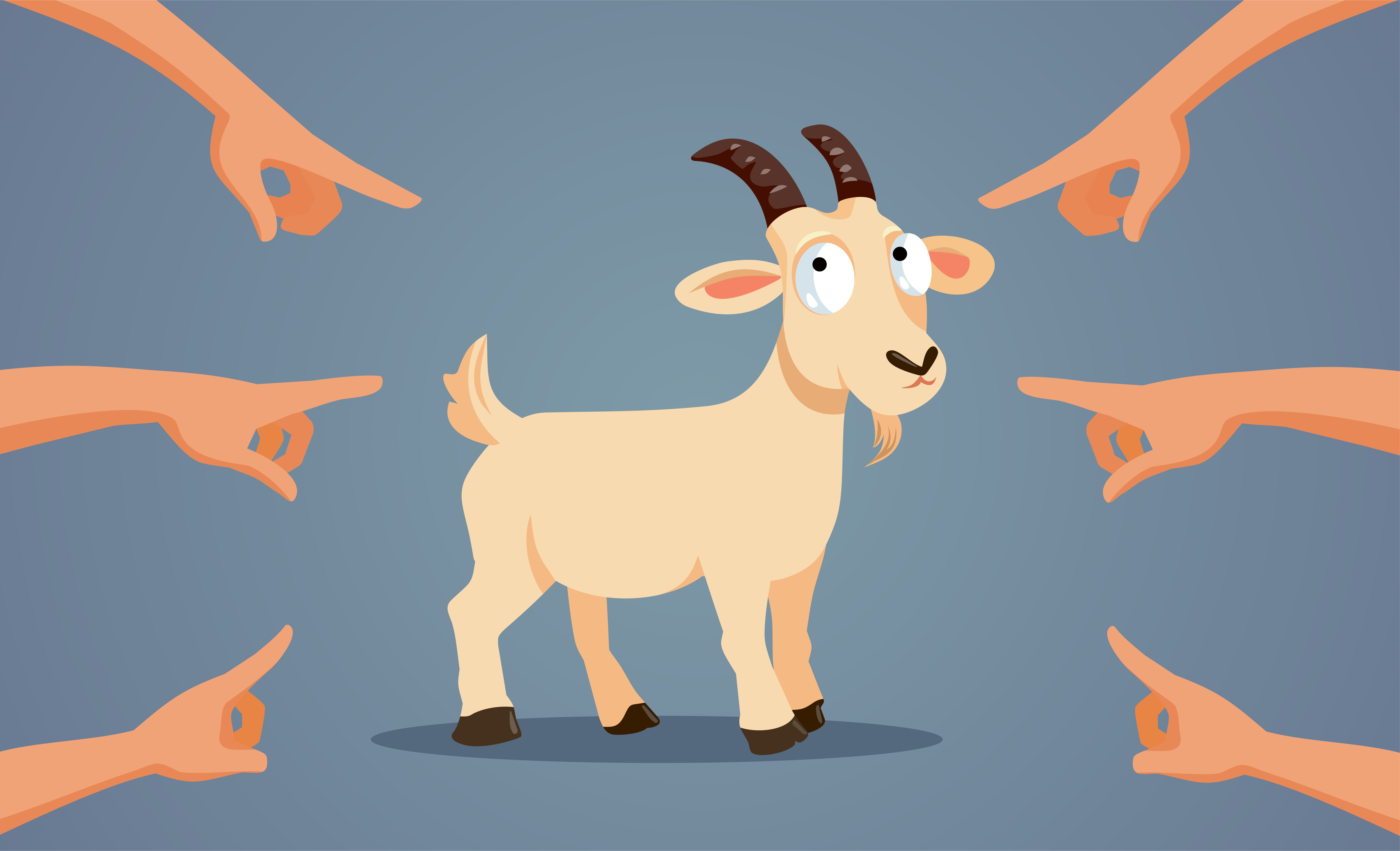 Illustration of a goat looking anxious as 6 fingers point at it from outside the frame