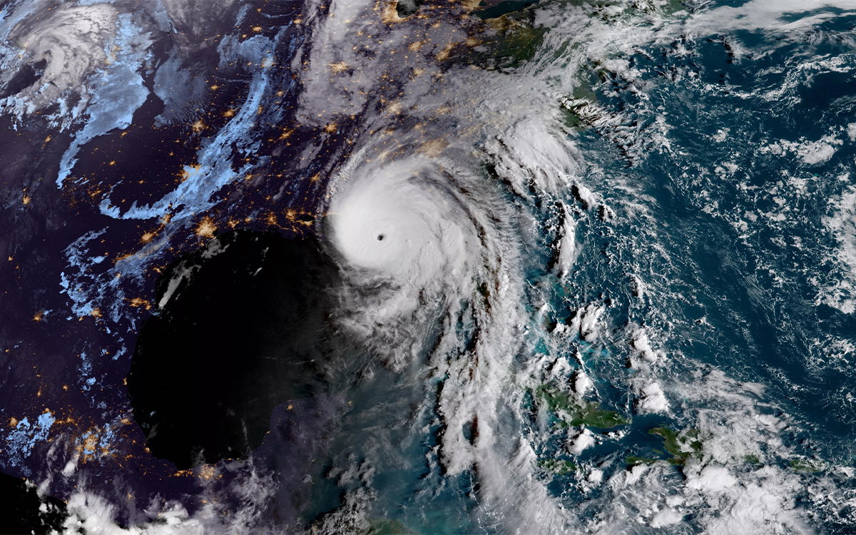 Aerial view of the eye of Hurricane Michael