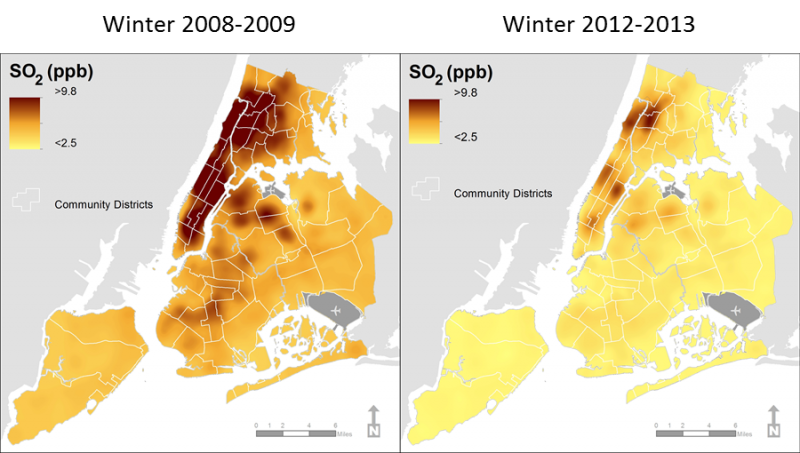 Map of sulfer concentration in NYC in 2008 and 2012