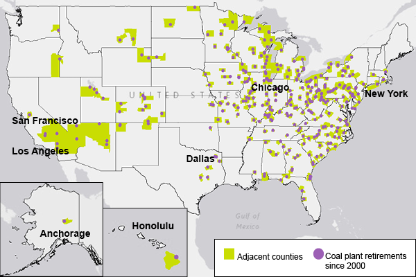 Coal-fired power plants in 278 US counties have closed in the last decade. Source: EIA.