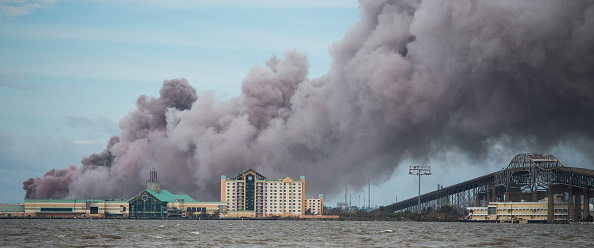 Smoke rises from a burning chemical plant after the passing of Hurricane Laura in Lake Charles, Louisiana on August 27, 2020.