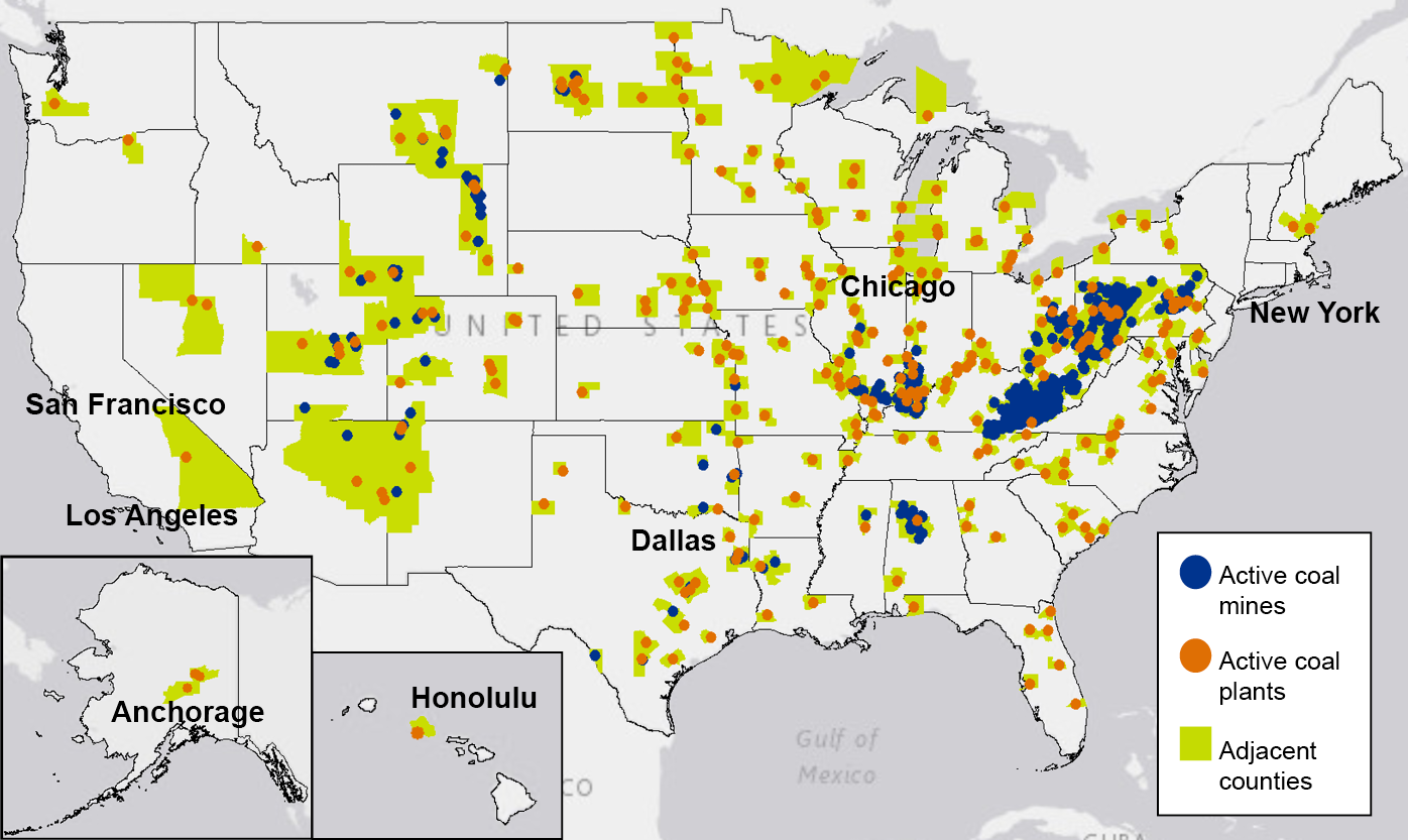 Coal's current geographic footprint in the US There are still more than 300 counties with currently operating coal plans and mines. This map shows the wide geographic spread of coal's current footprint in the US with notable concentrations in Appalachia.