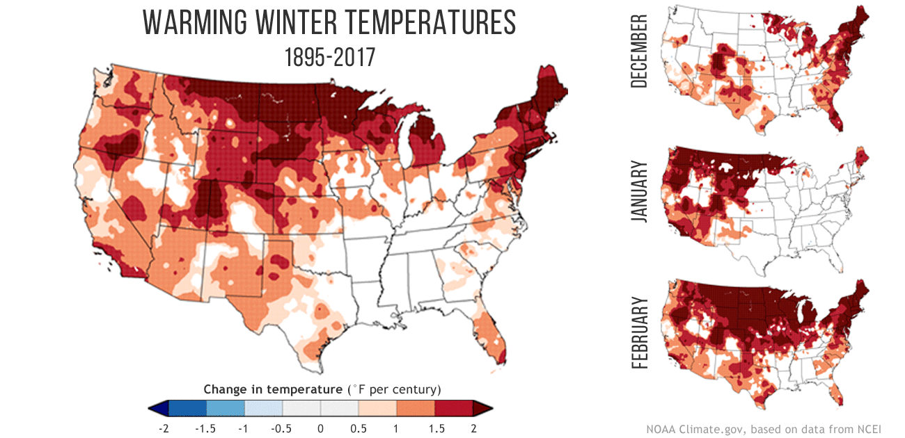 Map of warming winter temperatures