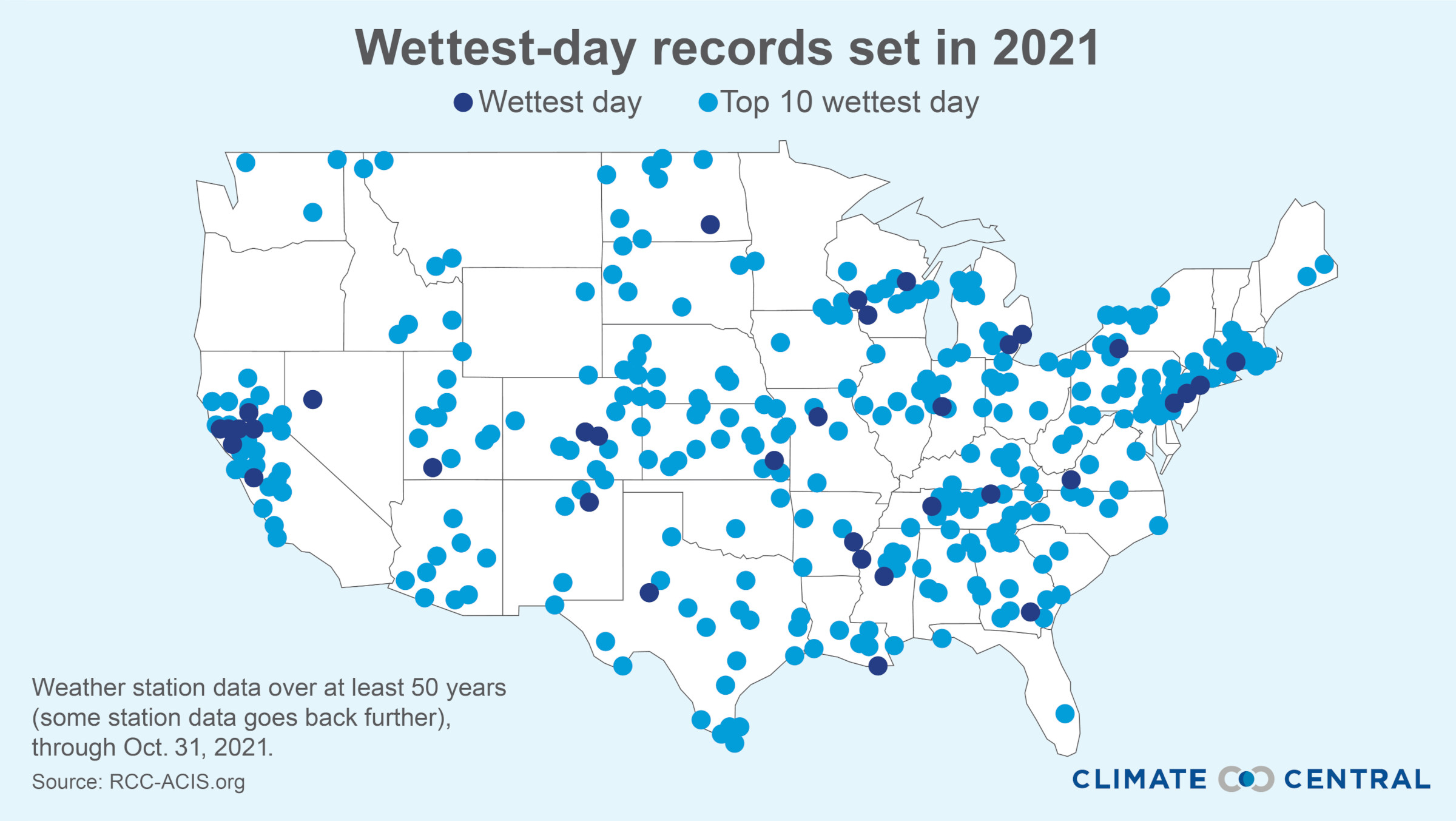 Map of wettest-day records set in 2021 (via Climate Central)