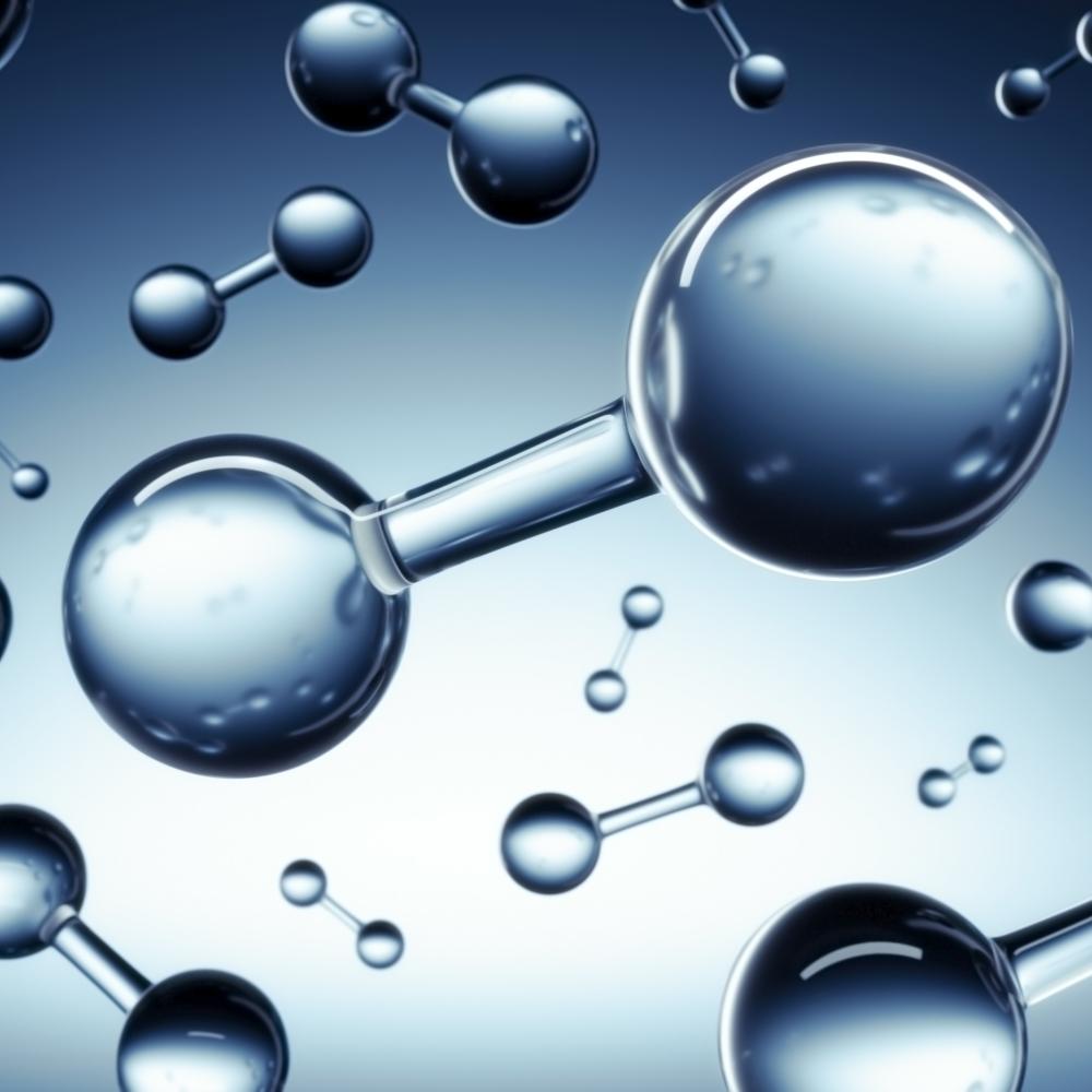 Models of hydrogen molecules floating against a blue background.