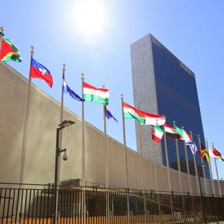 UN building with sun overhead and flags of many nations