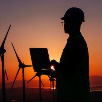 Worker overlooking wind turbines