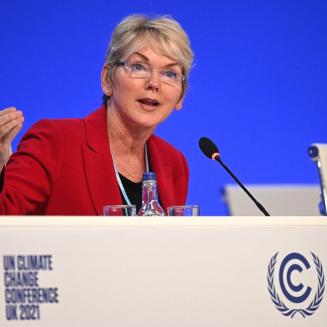 Jennifer Granholm, the U.S. Energy Secretary, speaking at a session of the COP26 summit in Glasgow.