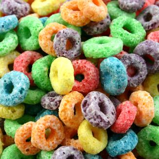 Close up of a colorful ringed cereal