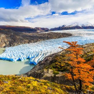 Aerial shot of glacier in Torres Del Paine National Park, Chile