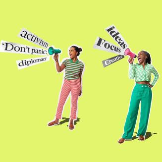 A graphic of two women shouting into megaphones with the words "activism, don't panic, diplomacy, ideas, focus, creative" coming out