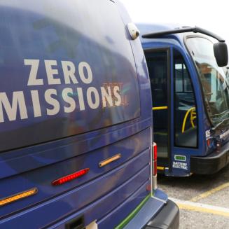 Bus labeled zero emissions on rear window
