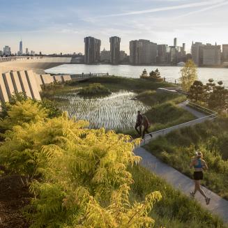 People jog through the recreated tidal marshes at Hunters Point