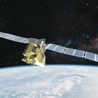 A rendering of the Methane SAT flying over the Earth