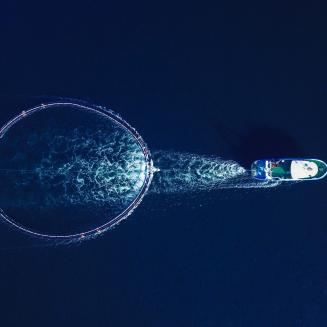 View from above of a fishing boat on the water