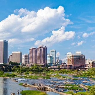 The Richmond, Virginia skyline under a blue sky