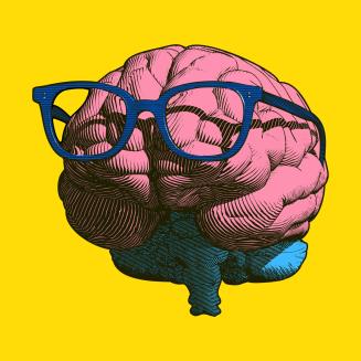 Digital illlustration of a pink brain wearing blue glasses against a yellow background
