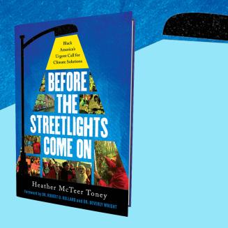 Illustration showing book cover of "Before the Streetlights Come On" beneath a streetlight.