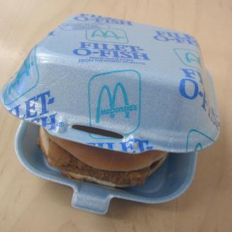 Sandwich in a McDonald's foam clamshell.