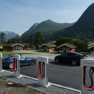 A row of Tesla superchargers in Skei, Norway