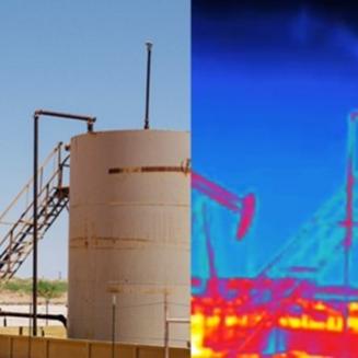 Split-screen view of oil well with infrared version on the right