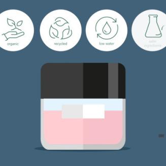 Digital illustration of a jarred beauty product with eco-friendly icons above it