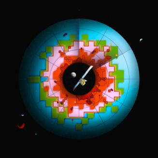 Digital illustration of a satellite orbiting Earth