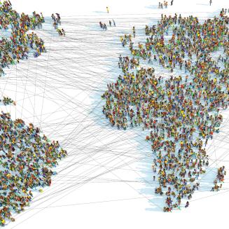 World map made up of people standing in the shape of the continents.