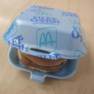 Sandwich in a McDonald's foam clamshell.