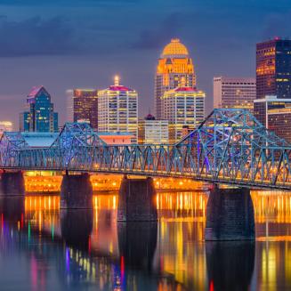 Colorful, lit-up skyline of Louisville, Kentucky