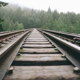 Railroad tracks with forest in background