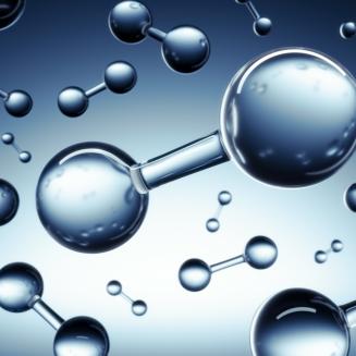 Models of molecular hydrogen floating against blue background.