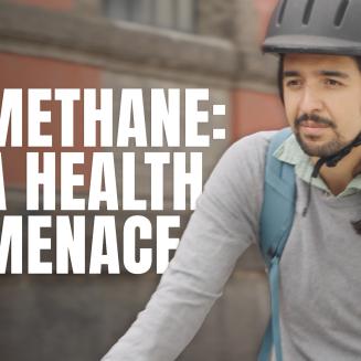 A scientist biking. The words, "Methane: A Health Menace" are in the background.