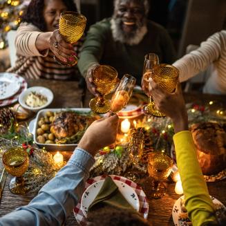 Family toasting over an elaborate meal