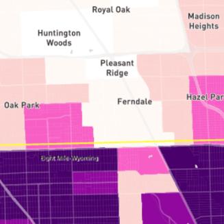 Map graphic showing a stark dividing line between Detroit communities.