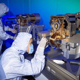 Ball Aerospace employees working on spectrometers to gather data for MethaneSAT, the methane detecting and tracking satellite.