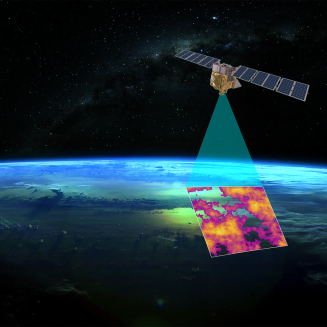 rendering of MethaneSAT satellite moving over the earth scanning for methane emissions