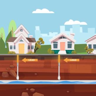 Illustration showing lead pipes carrying water to homes.