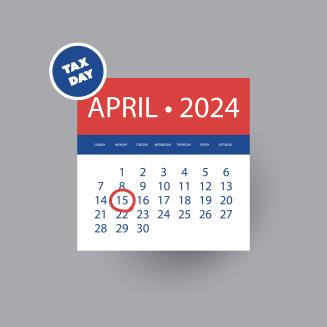 Red, white, and blue calendar indicating Tax Day on April 15th, 2024
